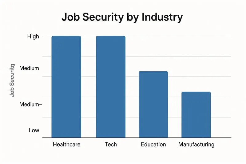 Bar chart comparing job security ratings across industries: Healthcare (High), Tech (High), Education (Medium-High), Manufacturing (Medium), Hospitality (Low).
