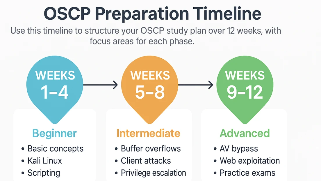 A flowchart showing a 3-phase OSCP study timeline: beginner (Weeks 1–4), intermediate (Weeks 5–8), and advanced (Weeks 9–12), leading to exam readiness.