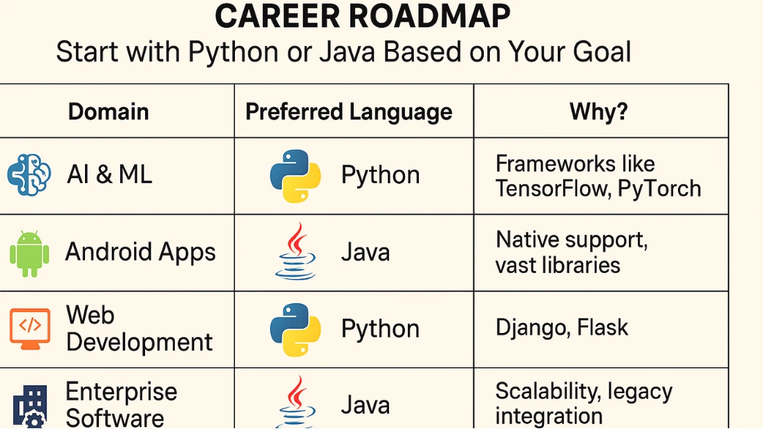 A flowchart that helps users decide whether to start with Python or Java based on domain interests and learning priorities.