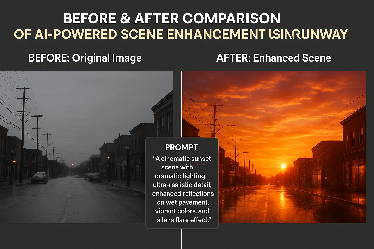 Before and after comparison of AI-powered scene enhancement using Runway