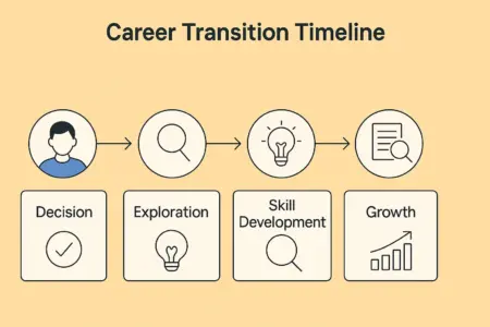 Career transition timeline showing stages from decision to growth.