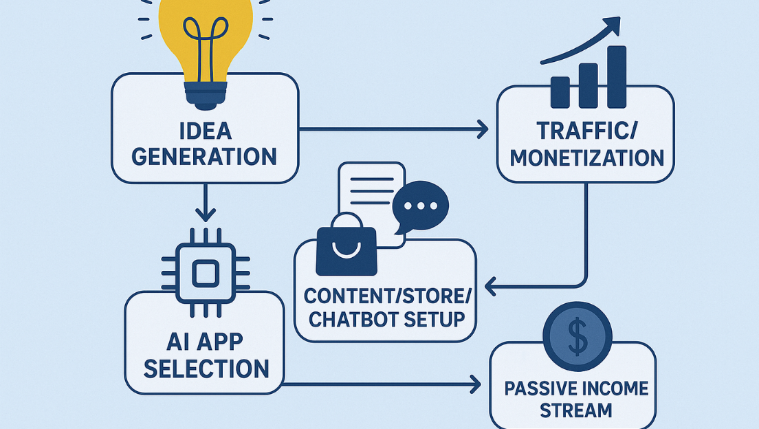 Flowchart showing idea generation → AI app selection → content/store/chatbot setup → traffic/monetization → passive income stream.