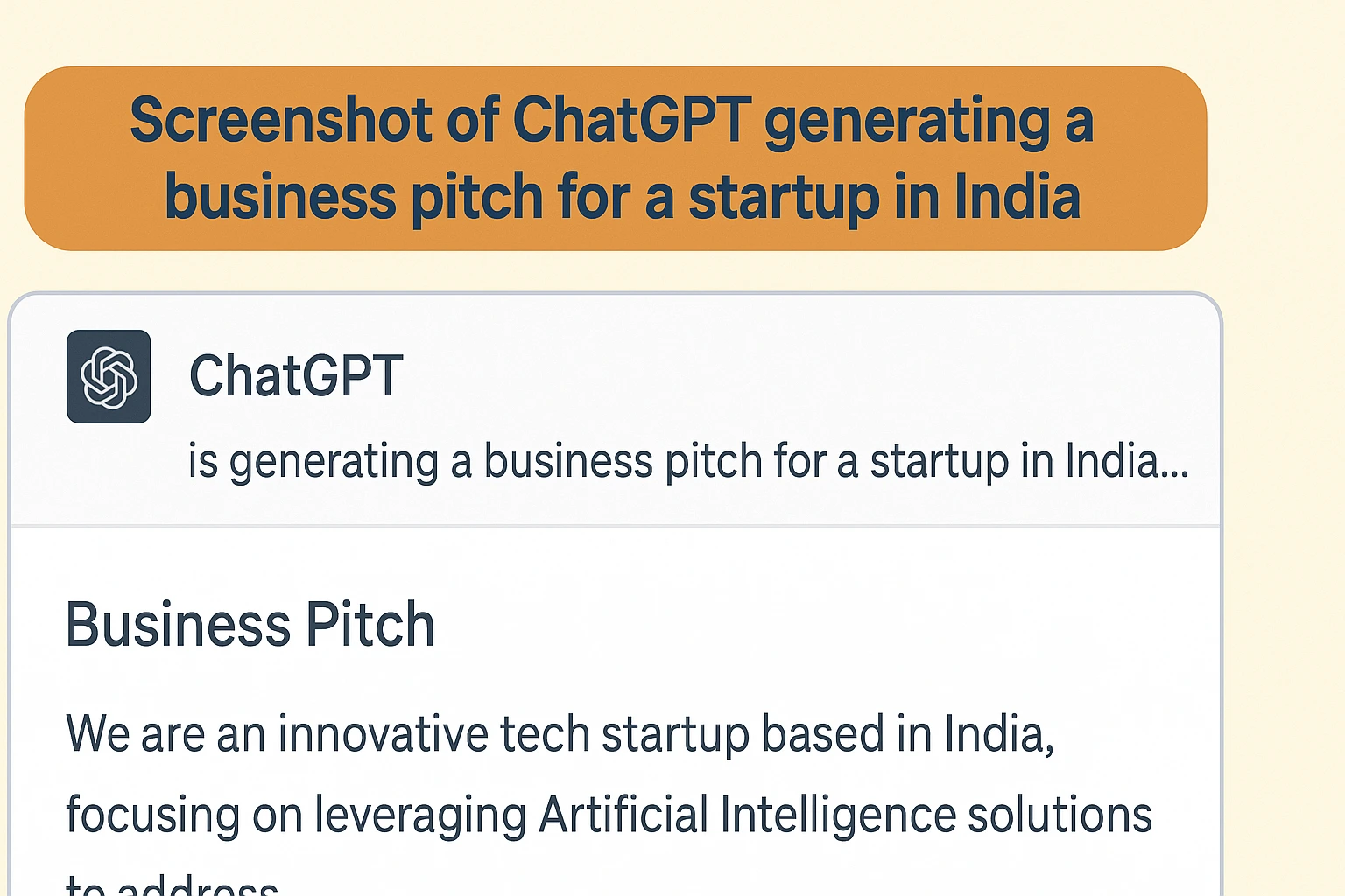 Screenshot of ChatGPT generating a business pitch for a startup in India 