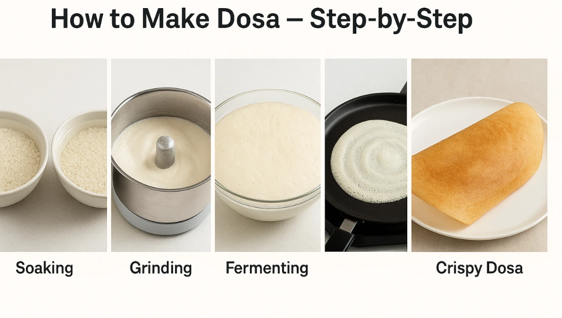 Collage showing the process of making dosa from rice soaking to cooking on tawa