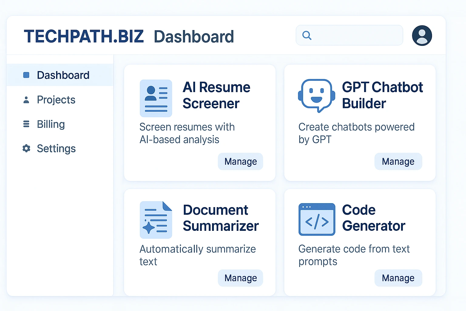  TechPath.biz dashboard showing modules like AI Resume Screener and GPT Chatbot Builder