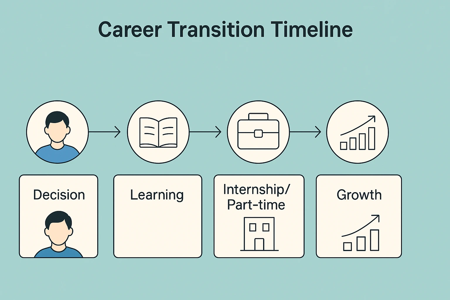 career switch Decision → Learning → InternshipPart-time → Full Switch → Growth
